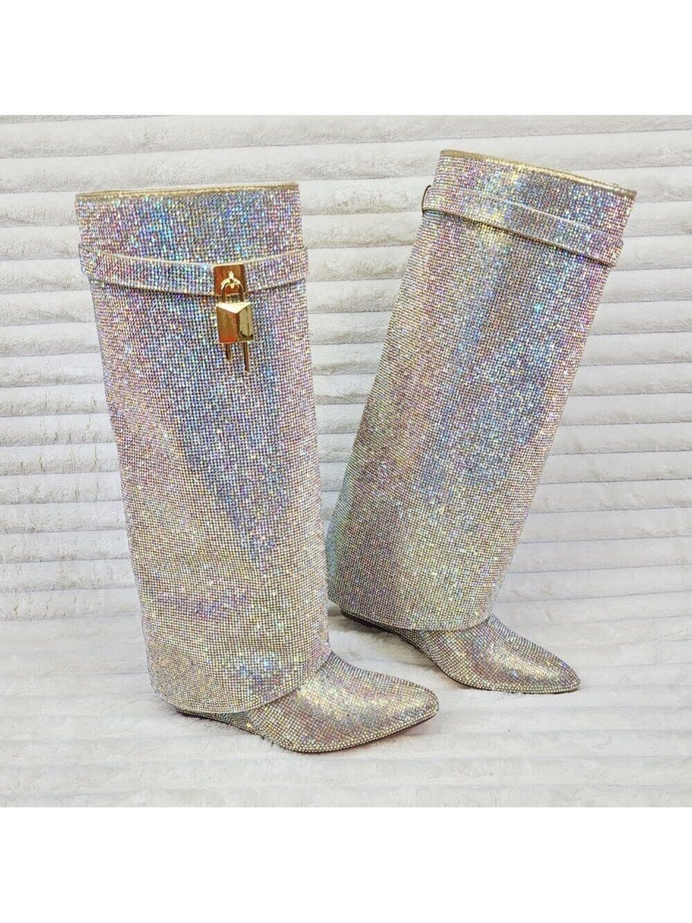 Super Sparkle Sharky Skirted Fold Over Wedge Heel Knee Boots